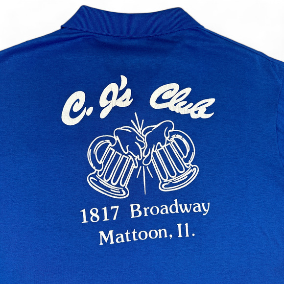 Vintage 80s Polo Shirt Adult MEDIUM Blue Bar Tavern Pocket Work Shirt CJs Club - Picture 3 of 6